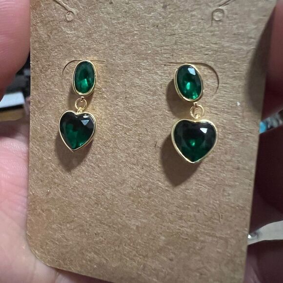Rachel Zoe Gold & Sterling Silver Green heart CZ Dangle Earrings - Picture 2 of 4